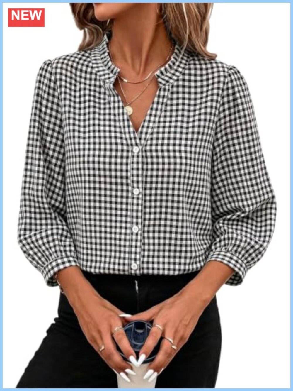 Women's 3/4 Sleeve Ruffle V-Neck Striped Button Down Shirt Blouse